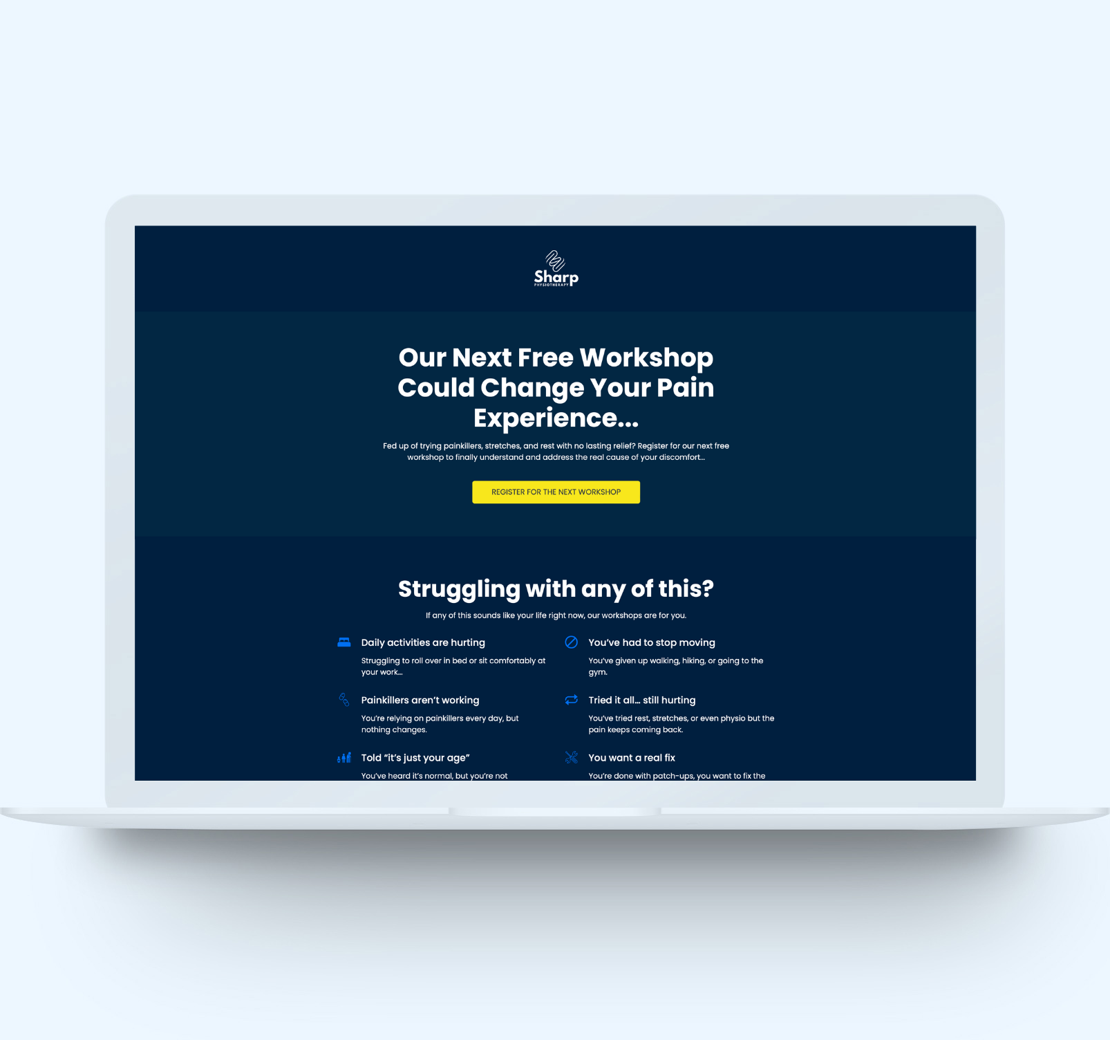 Laptop showing online waitlist registration for Sharp Physiotherapy workshops in Lincoln, Doncaster, and Newark.